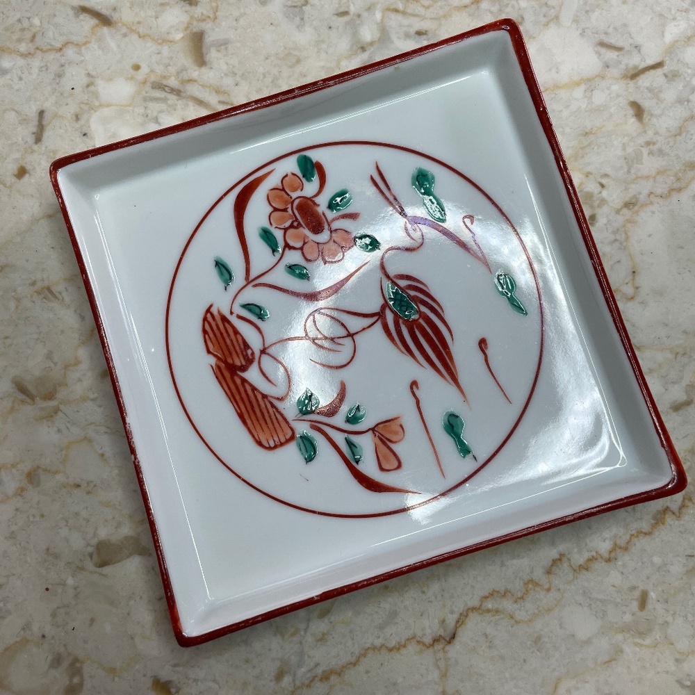 Tiffany & Co  Glass Plate Square Red Crane Porcelain Asian motif 5" square